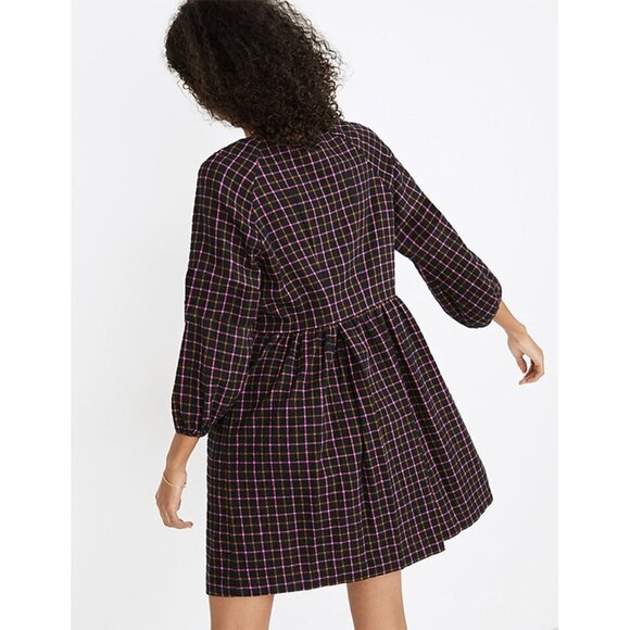 Madewell Plaid Flannel Raglan Button-Front Shirtdress Mini‎ Dress Black Pink 4 - Picture 3 of 9